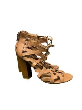 BAMBOO Nude Lace-Up Strappy Block Heel Sandals